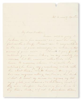 (SLAVERY AND ABOLITION.) HICKS, EDWARD [SLAVE DEALER.] A letter from Emma Hicks to her brother Edward, regarding an investment in slave